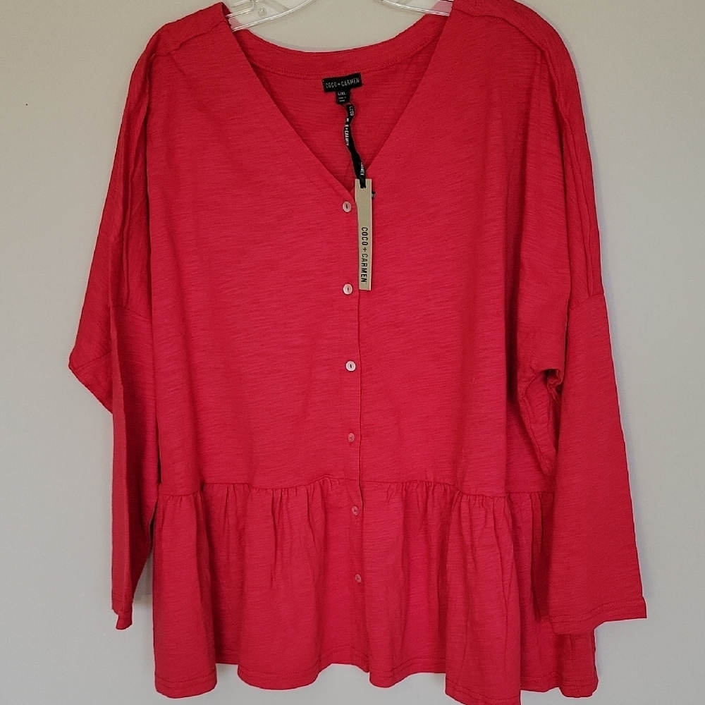 Coco + Carmen Red Oversized Peplum Blouse size L-XL NWT